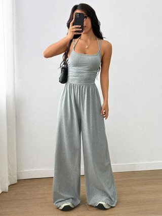 Women Sexy Backless Spaghetti Strap Jumpsuit Casual High Waist Wide Leg Long Pants Solid Color Loose Romper Streetwear One Piece Outfit