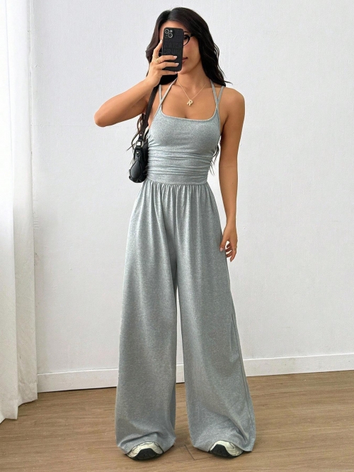 Women Sexy Backless Spaghetti Strap Jumpsuit Casual High Waist Wide Leg Long Pants Solid Color Loose Romper Streetwear One Piece Outfit