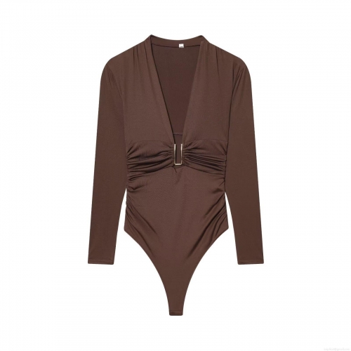 Women's Sexy Deep V-Neck Long Sleeve Ruched Bodysuit With Gold U-Shaped Metal Buckle Solid Color Slim Fit Streetwear Polyester Jumpsuit Top
