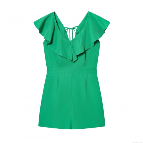 Women Summer Casual V-Neck Ruffle Romper With Back Tie Fashion Solid Color Short Sleeve Jumpsuit For Street Vacation Party Green