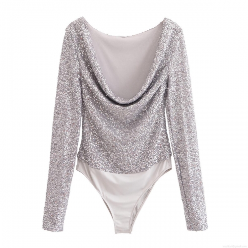Women's Sexy Silver Sequined Bodysuit Long Sleeve Pleated Metallic Sparkly Body Suit Jumpsuit For Party Nightclub Streetwear Fashion Top