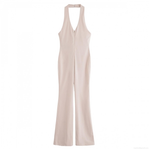 Women Halter Deep V Neck Backless Jumpsuit Woven Polyester Sleeveless High Waist Slim Fit Flare Leg Solid Color Sexy One Piece Romper Streetwear Summer Elegant Bodysuit Khaki