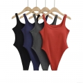 Women's Sexy Sleeveless Ribbed Knit Bodysuit Square Neck Slim Fit Solid Color One Piece Tank Top Jumpsuit High Cut Streetwear Summer Beachwear Bodysuit