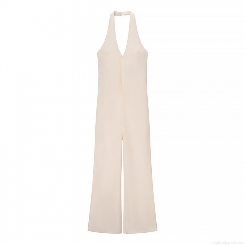 Sexy Women Halter Neck Deep V Backless Jumpsuit Sleeveless Polyester Straight Leg Long Pants Solid Color Elegant Summer Party Clubwear Jumpsuit for Women