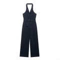 Women's Halter Neck V-Neck Backless Jumpsuit With Belt Elegant Wide Leg Office Street Chic Summer Navy Blue Polyester Jumpsuit