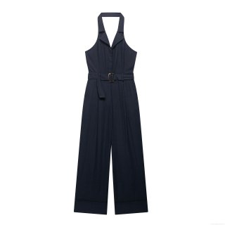 Women's Halter Neck V-Neck Backless Jumpsuit With Belt Elegant Wide Leg Office Street Chic Summer Navy Blue Polyester Jumpsuit