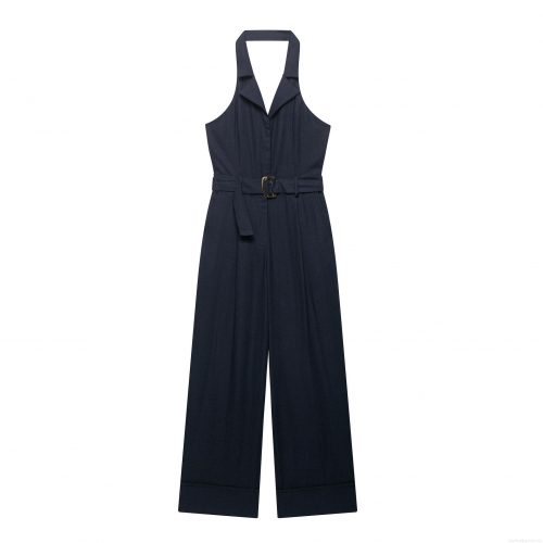 Women's Halter Neck V-Neck Backless Jumpsuit With Belt Elegant Wide Leg Office Street Chic Summer Navy Blue Polyester Jumpsuit