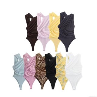 Women's One Shoulder Ruched Mesh Bodysuit Sexy Backless Sleeveless Leopard Floral Print Bodycon Jumpsuit Top For Party Clubwear Streetwear