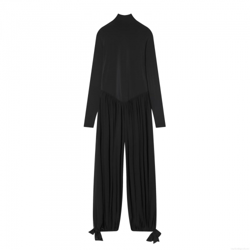 Women's Solid Black High Neck Long Sleeve Jumpsuit Loose Fit High Waist Pleated One Piece Romper With Thumbholes Bow Tie Ankle For Casual Winter