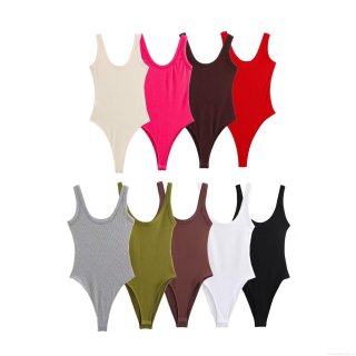 Women's Sexy Ribbed Knit Bodysuit Sleeveless Deep U-Neck Snap Crotch Slim Fit Basic Solid Color Jumpsuit Romper For Summer Daily Wear