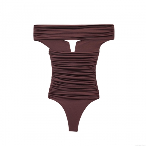 Sexy Women Ruched Off-Shoulder Bodysuit Sleeveless High Elastic Polyester Spandex Slim Fit Summer Party Clubwear Jumpsuit Top