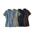 Women's Summer Fashion Casual Denim Romper Loose Lapel Short Sleeve Jumpsuit Solid Color Single Breasted Playsuit With Pockets And Belt For Women Daily Vacation