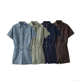Women's Summer Fashion Casual Denim Romper Loose Lapel Short Sleeve Jumpsuit Solid Color Single Breasted Playsuit With Pockets And Belt For Women Daily Vacation