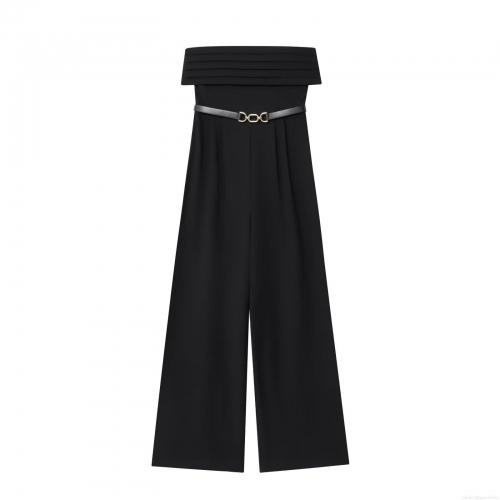 Women's Sexy Strapless Jumpsuit With Belt Black Polyester Twill High Waist Wide Leg Long Pants Elegant Party Evening Clubwear One Piece Romper