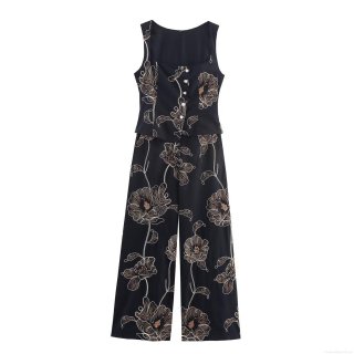 Women's Vintage Elegant Sleeveless Black Jumpsuit With Gold Floral Embroidery Button Front Wide Leg Long Pant Cotton Blend Romper