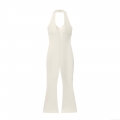 Sexy Halter Neck Backless Flared Jumpsuit Women Elegant Deep V Neck Slim Fit Bell-Bottom One-Piece Bodysuit Polyester Spandex Evening Party Clubwear