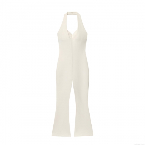 Sexy Halter Neck Backless Flared Jumpsuit Women Elegant Deep V Neck Slim Fit Bell-Bottom One-Piece Bodysuit Polyester Spandex Evening Party Clubwear