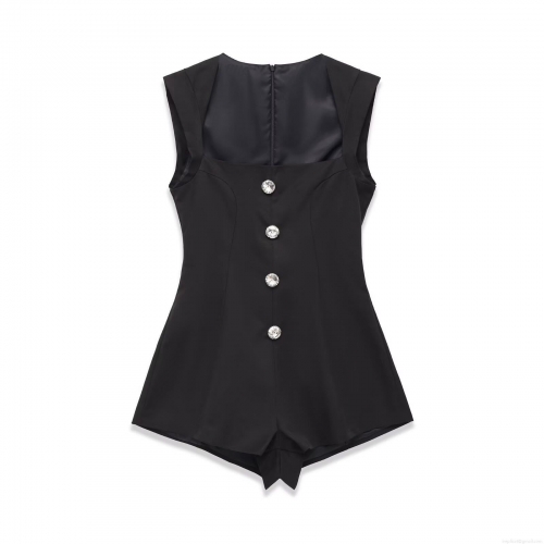 Elegant Women's Square Neck Sleeveless Romper Cotton Blend Jumpsuit With Rhinestone Buttons Sexy Clubwear Slim Fit Short Pants For Summer Party