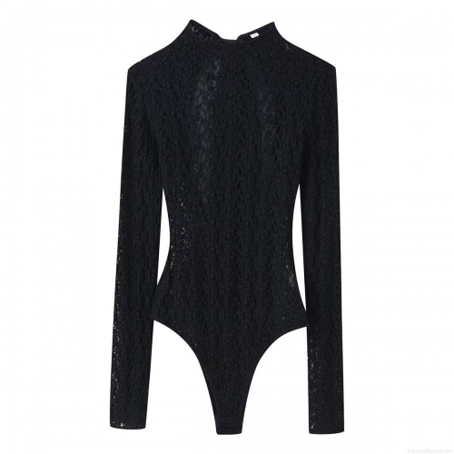 Women's Sexy Lace Bodysuit Long Sleeve Stand Collar One-Piece Jumpsuit With Satin Bow Decor Elegant Cotton Blend Clothing For Party Club Socialite Black