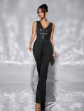 Women's Sexy Sequin Sleeveless Jumpsuit Deep V-Neck Wide-Leg One-Piece Romper Elegant Evening Party Jumpsuit High Waist Black Long Trousers