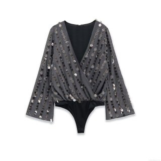 Women's Sexy Deep V-Neck Sequin Bodysuit Long Flared Sleeve Mesh Patchwork Leotard Top Party Night Out Clubwear Romper