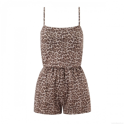 Women's Vintage Leopard Print Cami Romper Sexy Sleeveless Backless Jumpsuit With Elastic Waist Summer Casual Short Playsuit For Party Vacation
