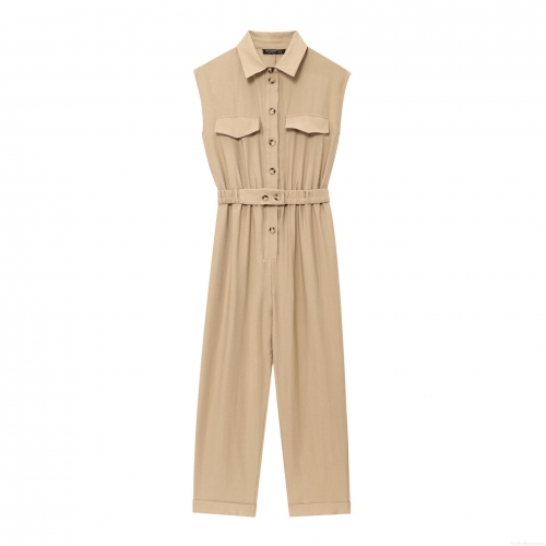 Women's Sleeveless Jumpsuit Solid Color Cotton Blend Workwear Style Lapel Button Up Romper With Belt Straight Leg Commuter Long Jumpsuits For Ladies