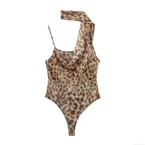 Women Sexy Leopard Print Mesh Bodysuit Asymmetric One Shoulder Halterneck Slim Fit Party Clubwear Sheer Mesh Leotard Top