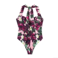 Women Halter Neck Floral Print Bodysuit Sexy Grape Pattern Sleeveless One-Piece Top Pink Elegant Summer Bodysuits For Women