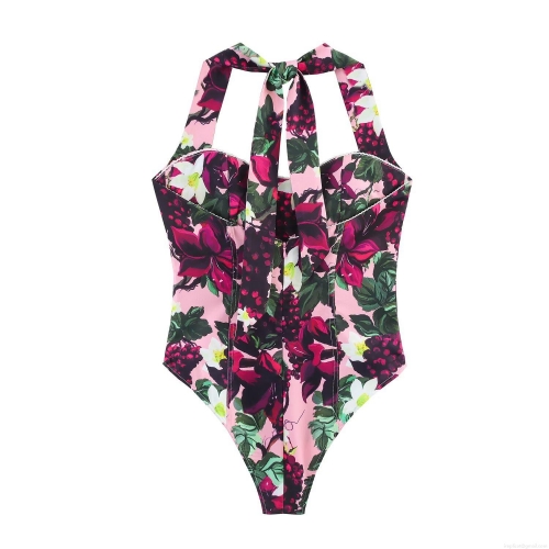 Women Halter Neck Floral Print Bodysuit Sexy Grape Pattern Sleeveless One-Piece Top Pink Elegant Summer Bodysuits For Women