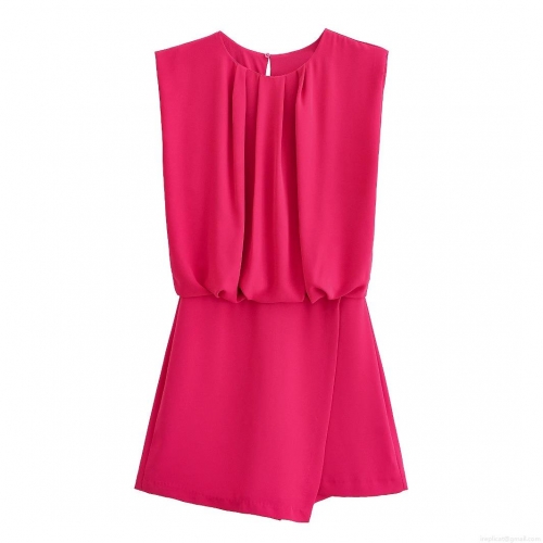 Women's Sleeveless Round Neck Pleated Romper Short Jumpsuit Solid Rose Red Elegant Summer Casual One-Piece Fashion Outfit For Women