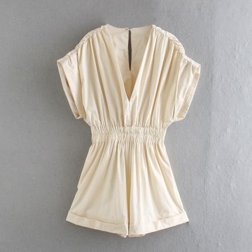 Women's Elegant V-Neck Short Sleeve Romper Polyester Woven Elastic Waist Wide Leg Jumpsuit Casual Summer Party Solid Color Fashion Outfit For Women