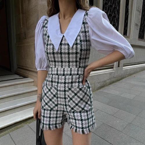 Women Vintage Plaid Tweed Jumpsuit Contrast White Peter Pan Collar Puff Sleeve Romper Elegant Short Jumpsuit With Belt For Party