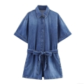 Women's Casual Denim Romper With Waist Tie Bow Lapel Collar Short Sleeve Jumpsuit Button Down Cotton Blend Summer Playsuit For Ladies