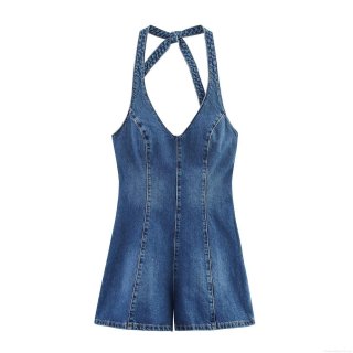 Women Halter Neck Denim Jumpsuit Cotton Blend Back Tie V Neck Sleeveless Short Romper Contrast Stitching Summer Casual Vacation Party Lady Playsuit