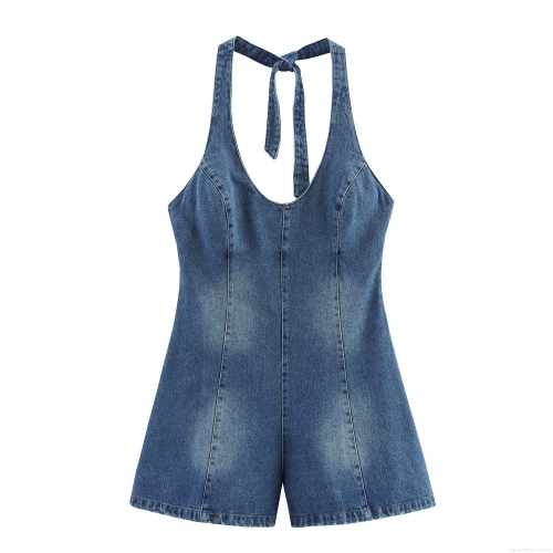 Women's Sexy Halter Neck Denim Romper Washed Blue Cotton Blend Jumpsuit Backless Sleeveless Straight Playsuit With Side Zipper For Summer Party Vacation