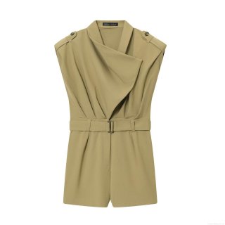 Women's Fashion Casual Cotton Blend Romper Jumpsuit Sleeveless With Padded Shoulder Waist Belt Lapel Neck Short Playsuit For Summer Daily Office Wear