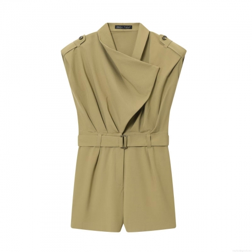 Women's Fashion Casual Cotton Blend Romper Jumpsuit Sleeveless With Padded Shoulder Waist Belt Lapel Neck Short Playsuit For Summer Daily Office Wear