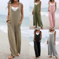 Women's Casual Sleeveless V-Neck Jumpsuit Cotton Blend Wide Leg Romper With Pockets Summer Beach Vacation Solid Color Loose Overalls