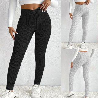 Women's Ribbed Knit Leggings High Waisted V-Waist Slim Fit Striped Athletic Yoga Pants Casual Daily Wear Trousers