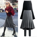 Women's Winter Fake Two-Piece Skirt Leggings High Waist Knit Fishtail Midi Skirt With Slim Fit Elastic Leggings Elegant Casual Ruffle Hem Dress Pants