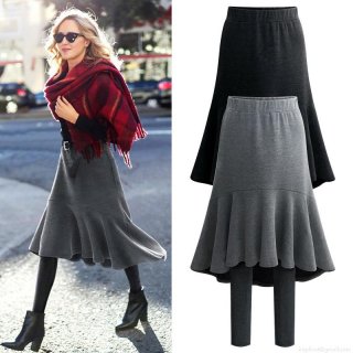 Women's Winter Fake Two-Piece Skirt Leggings High Waist Knit Fishtail Midi Skirt With Slim Fit Elastic Leggings Elegant Casual Ruffle Hem Dress Pants