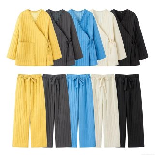 Women's Quilted Pajama Set Kimono Style V-Neck Side Tie Long Sleeve Top And Drawstring Straight Leg Pants Warm Lounge Wear Home Service Suit Soft Polyester For Winter Fall Ladies Comfortable Sleepwear