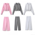 Women's 3-Piece Loungewear Set Cotton Blend Zip Up Hooded Crop Sweatshirt Ribbed Tube Top And Wide Leg Jogger Pants Casual Tracksuit Streetwear