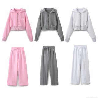 Women's 3-Piece Loungewear Set Cotton Blend Zip Up Hooded Crop Sweatshirt Ribbed Tube Top And Wide Leg Jogger Pants Casual Tracksuit Streetwear