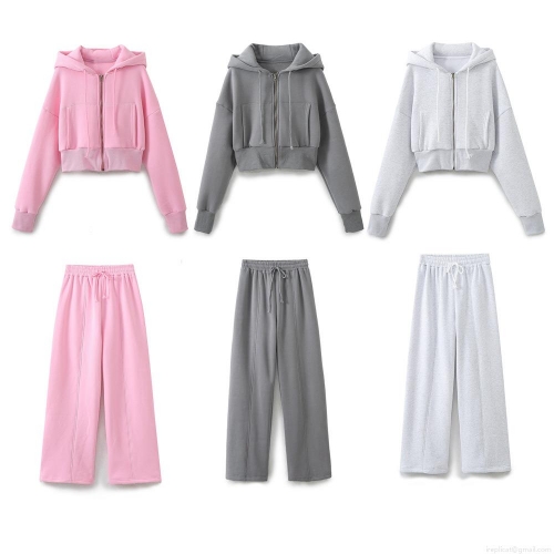 Women's 3-Piece Loungewear Set Cotton Blend Zip Up Hooded Crop Sweatshirt Ribbed Tube Top And Wide Leg Jogger Pants Casual Tracksuit Streetwear