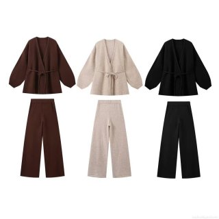 Women's 2 Piece Knit Outfits Casual Long Sleeve Wrap V Neck Tie Up Cardigan And High Waist Wide Leg Long Pants Set Soft Loungewear For Autumn Winter Streetwear