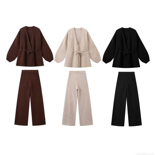 Women's 2 Piece Knit Outfits Casual Long Sleeve Wrap V Neck Tie Up Cardigan And High Waist Wide Leg Long Pants Set Soft Loungewear For Autumn Winter Streetwear