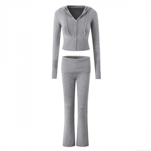 Women's Knit Lounge Set Zip Up Hooded Crop Top And Flare Legging Pants High Elastic Solid Color Ribbed Tracksuit Two Piece Outfits For Winter Autumn Streetwear