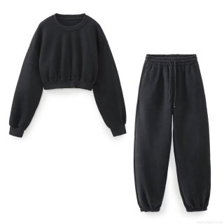 Women's 2 Piece Casual Lounge Set Cropped Long Sleeve Sweatshirt And Drawstring High Waist Jogger Pants Polyester Blend Solid Color Tracksuit Streetwear Outfits